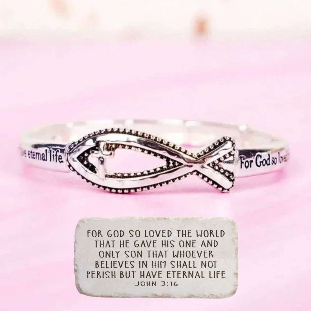 Silver Dipped Stretch Bracelet Ichthus Fish John 3:16 Bible Quote Christian Gift